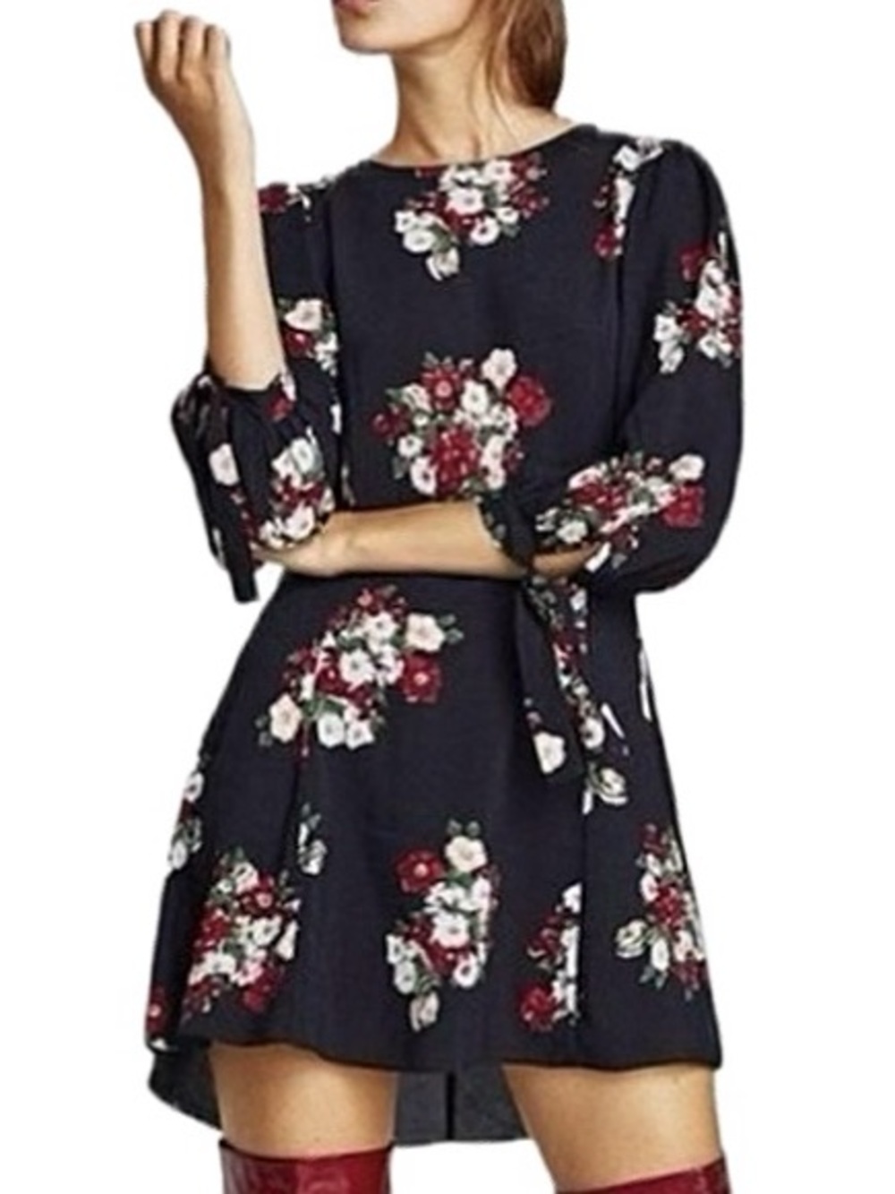 ZARA Cluster Floral Print Dress Size Small A-Line Tie Puff 3/4 Sleeve Fairycore